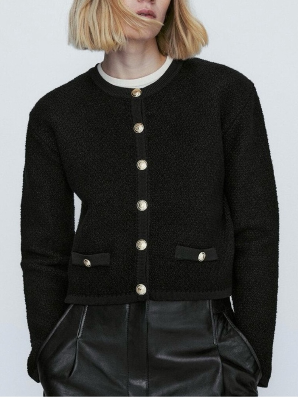 Massimo Dutti Black Bouclé Cardigan Jacket Blazer Gold Buttons M 5649/523/800